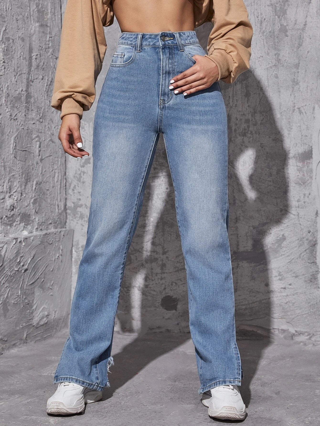 Pantalones de Jeans  Dama SHEIN  de pierna recta de talle alto rotos